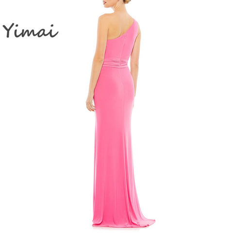 Wholesale Women Asymmetrical Neck Baby Pink Fitting Elegant Luxury Party Prom Gowns Maxi Long Dress