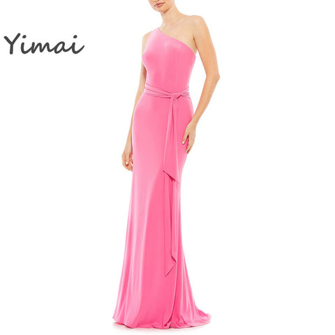 Wholesale Women Asymmetrical Neck Baby Pink Fitting Elegant Luxury Party Prom Gowns Maxi Long Dress