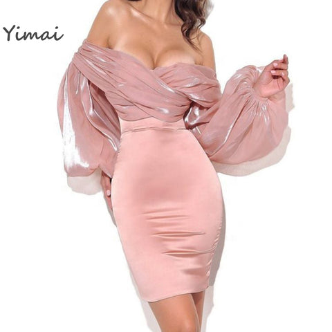 Custom Ladies Sexy Women Elegant Balloon Sleeve Prom dresses Satin Bodycon with for Evening Dresses