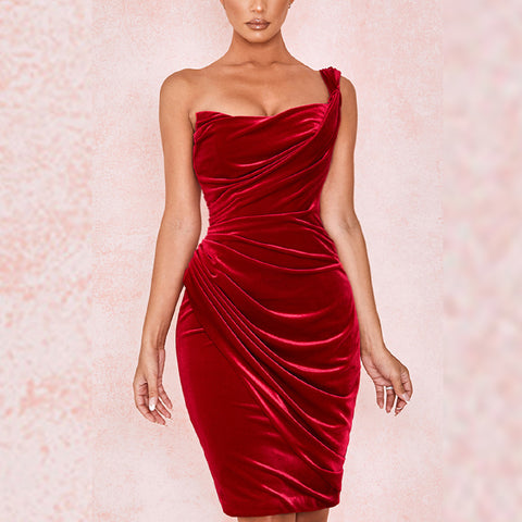 OEM Deep Half Sleeve Red Elegant Sexy Party Bodycon Women's Velvet Draped Dress